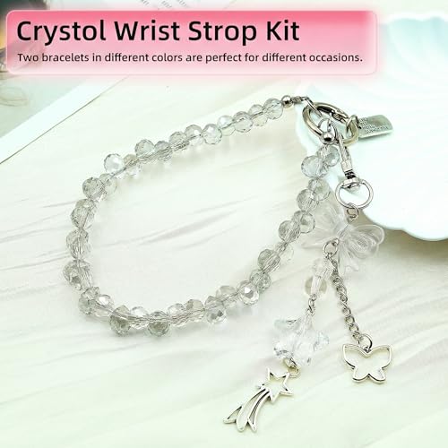 Crystal Beaded Phone Wrist Strap, Cute Cellphone Lanyard Chain, Bow Keychain Wristlet Bag Charms for Women - color: Bow/White
