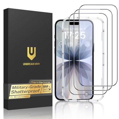 UNBREAKcable for iPhone 17 Screen Protector, 3-Pack Full Coverage Tempered Glass Screen [Military Grade Shatterproof] [9H Hardness] [Bubble Free] [Easy Installation] [99.99% HD Clear] for iPhone 17 - size: iPhone 17