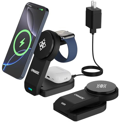 2025 Magnetic 3 in 1 Wireless Charger, Mag-safe Charger Stand Wireless Charging Station for Apple iPhone 16/15/14/13/12 series, for Apple Watch and Airpods, 18W Foldable Fast Charging Dock - Black