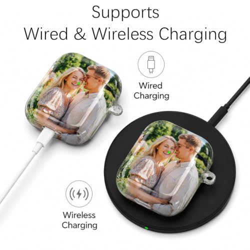 Custom Photo Case Compatible with AirPods 1st & 2nd Generation, Personalized Picture Text Name Hard PC Cover, 360° Full-Wrap Glossy Protective Shell with Keychain & Cleaning Pen, Wireless Charging - size: AirPods 1/2