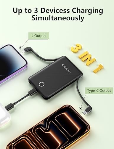 miisso 10000mAh Mini Portable Charger with Built in Cable, Black - color: Black