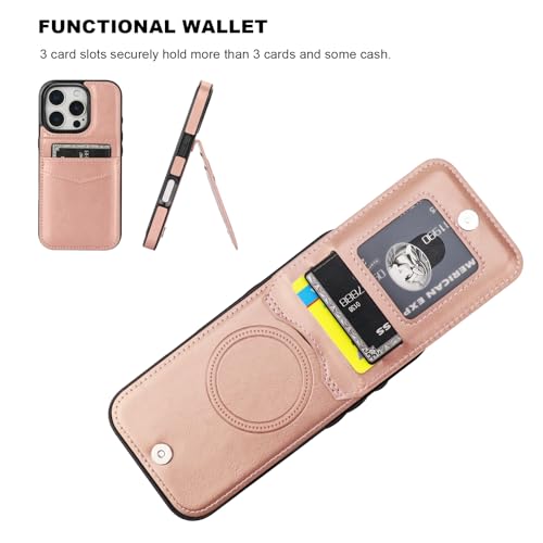 KIHUWEY for iPhone 16 Pro Wallet Case Card Holder for MagSafe, Rose Gold | Wireless Charging, RFID, Flip PU Leather, Magnetic Clasp, Hands-Free Viewing Kickstand, Heavy Duty Protective Cover - color: Magsafe for Rose Gold
