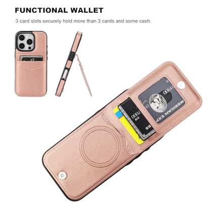 KIHUWEY for iPhone 16 Pro Wallet Case Card Holder for MagSafe, Rose Gold | Wireless Charging, RFID, Flip PU Leather, Magnetic Clasp, Hands-Free Viewing Kickstand, Heavy Duty Protective Cover - color: Magsafe for Rose Gold
