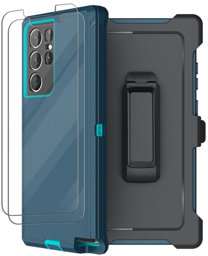 for Samsung Galaxy S22 Ultra Case with Belt Clip Holster, 2X Screen Protector, Military Grade Protection Heavy Duty Full Body Shockproof Rugged Protective Cover for Samsung S22 Ultra 5G Turquoise - color: Turquoise