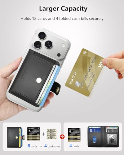 ONETOP for MagSafe Wallet,Magnetic Phone Wallet with 5 Card Slots,Black | 1-12 Cards/Cash Holder for iPhone 17/16/15/14/13/12 Series,Detachable Wallet Stick-On Back,PU Leather RFID Blocking Kickstand - color: Black