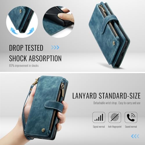 Samsung Galaxy S24 FE 5G Wallet Case with Card Holder Kickstand Magnetic Zipper Pocket Lanyard Strap Wristlet,Leather Flip Case Wallet for Galaxy S24 FE 6.7 Inch(Blue) - color: Blue, size: S24 FE 5G 6.7 Inch