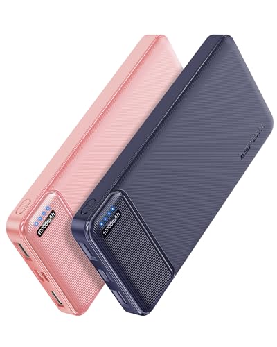 AsperX 2-Pack 10000mAh Slim Portable Charger, USB C Battery Pack Power Bank - color: Pink+Navy blue