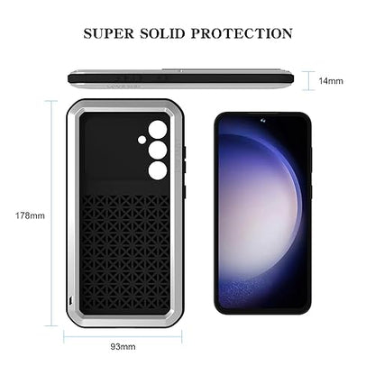 LOVE MEI Military Rugged Case for Samsung Galaxy S23 Fe, with Tempered Glass Screen Protector, Shockproof Dustproof Scratch Proof Hybrid Metal and Silicone Gel Heavy Duty Full Body Cover Silver - color: Silver