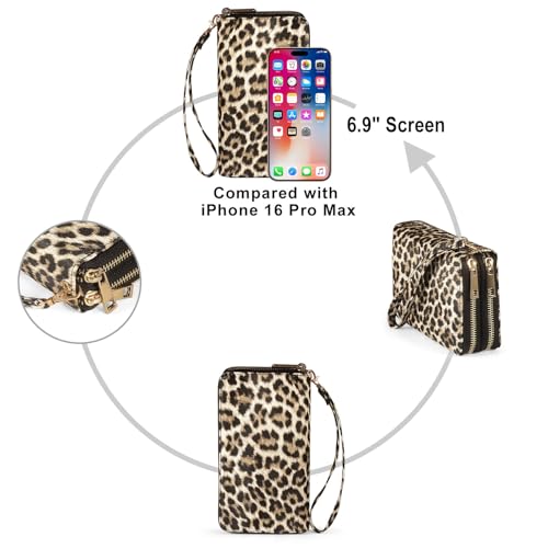 RFID Blocking Cellphone Wallet for Women with Removable Strap, Double Zipper Wristlet Bag Large Capacity, Passport Travel Clutch Purse, Leopard - color: Leopard Light Brown