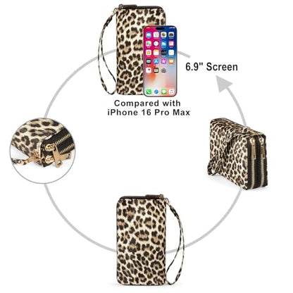 RFID Blocking Cellphone Wallet for Women with Removable Strap, Double Zipper Wristlet Bag Large Capacity, Passport Travel Clutch Purse, Leopard - color: Leopard Light Brown