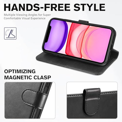 TUCCH Wallet Case for iPhone 11 (6.1") 2019, 3 Card Holders, Black | RFID Blocking, Viewing Stand, Shockproof TPU Shell, PU Leather, Magnetic Closure, Protective Folio Flip Cover - color: Black