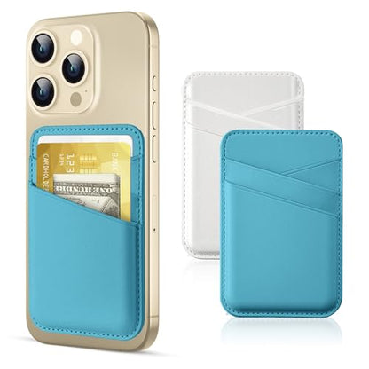 SHANSHUI Cell Phone Wallet, Ultra Slim Leather Adhesive Card Holder for Phone Case Compatible with iPhone, Most Smartphones -2 Pack White Blue - color: White + Blue