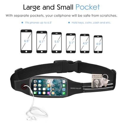 Rhino Valley Running Belt, Waist Belt Bag with Touchscreen Reflective | Runners Gifts Money Belt Phone Holder for Running Hiking Walking Gym Accessories Black Waterproof Fanny Pack for Women Men
