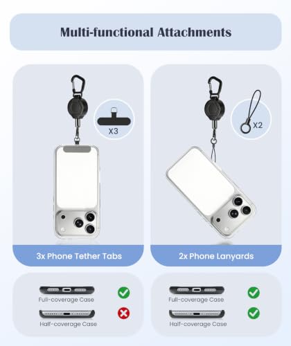 Anti-Theft Phone Lanyard Tether with Retractable Line & Adjustable Smartphones Hand Wrist Strap Lanyard With 3 Tether Tabs, Anti-Loss for iPhone,Keys,Gadgets