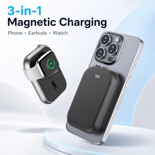 Magnetic Power Bank, Compact 10,000mAh Magnetic Wireless Portable Charger with 20W Max Fast Charging,for iPhone 16/15/14/13/12Series,AirPods,and More-Black