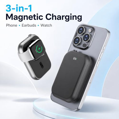 Magnetic Power Bank, Compact 10,000mAh Magnetic Wireless Portable Charger with 20W Max Fast Charging,for iPhone 16/15/14/13/12Series,AirPods,and More-Black