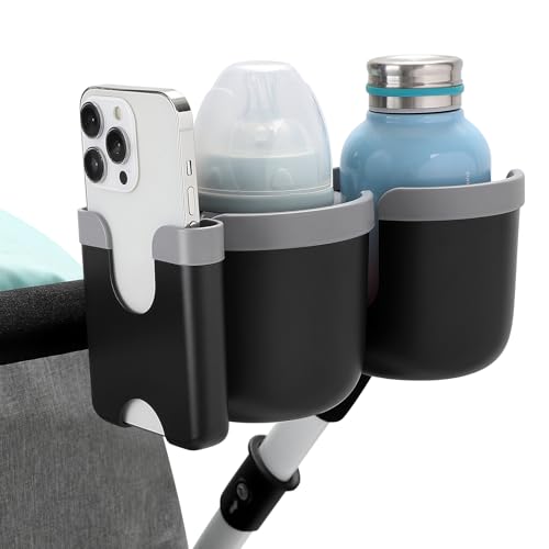Accmor Stroller Cup Holder with Phone Holder, Bike Cup Holder, Universal Cup Holder for Uppababy Nuna Strollers, 2-in-1 Drinks Holder for Walker, Wheelchair, Scooter - color: Double Holder-Grey
