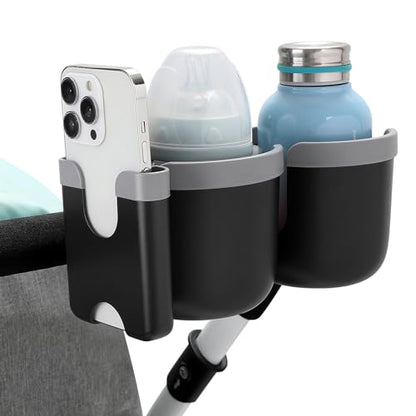 Accmor Stroller Cup Holder with Phone Holder, Bike Cup Holder, Universal Cup Holder for Uppababy Nuna Strollers, 2-in-1 Drinks Holder for Walker, Wheelchair, Scooter - color: Double Holder-Grey
