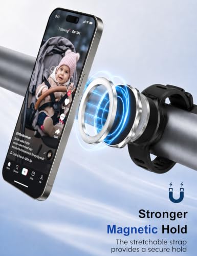 Magnetic Stroller Phone Holder Fits for UPPAbaby, Graco, Bugaboo Strollers | Ultra-Strong N52 MagSafe Mount with Secure Silicone Strap | One-Hand Operation Phone Cradle for iPhone 17 16 15 14 Pro Max