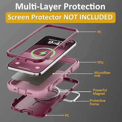 Follaroma Magnetic for iPhone 17 Case with Camera Stand, Purple Pink, 6.3" | Built-in Glass Camera Cover,Compatible with MagSafe,Heavy Duty Shockproof Protective,Military-Grade Anti-DropDual Layer Cover - color: Purple Pink, size: iPhone 17 6.3''
