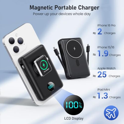 Ekrist Magnetic Portable Charger 10800mAh for MagSafe with Built-in Cable,iWatch Charger,Wireless Power Bank Travel Essentials,25W Fast Charging Battery Pack for iPhone 18/17/16/15,Apple Watch(Black) - color: Black