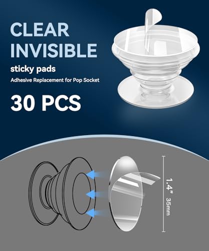 PHIXBEAR 30 Pack Super Sticky Adhesive, Clear Invisible Adhesive Replacement for Pop Socket Base, 1.4 Inch Non-Damaging Double Sided Tapes for Phone Collapsible Grip & Stand Back