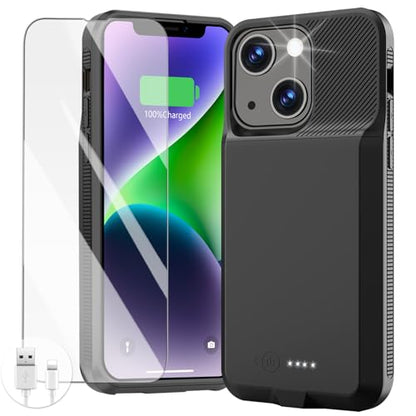 GIN FOXI Battery Case for iPhone 14/14 Pro/13/13 Pro, Rechargeable Case Real 8500mAh Charging Charger Cover Anti-Fall Protection Ultra-Slim Extended Battery Pack Juice Box, 6.1" Black