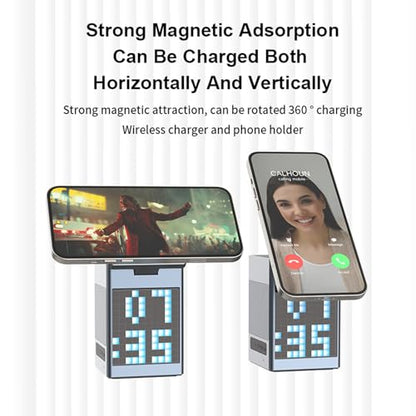 6 in 1 Foldable Magnetic Wireless Charging Station, 15W Fast Charging Dock for Phone, Earbuds, and Watch, Travel Friendly Wireless Charger Stand with LED Clock