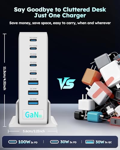 380W USB-C Charger Block, 8-Port USB-C Charging Station PD 30W + 100W PC Laptop, Fast Charging Hub with High-Power Fast Charging Cable for MacBook Pro/Air, DELL, iPad, iPhone, Samsung Galaxy, White - color: 380W White