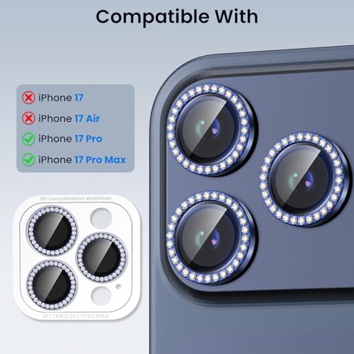 Compatible for iPhone 17 Pro / 17 Pro Max Camera Lens Protector, Explosion-Proof 9H Tempered Glass with Metal Diamond Ring, HD Anti-Scratch Lens Protection Decoration Accessories (Blue)