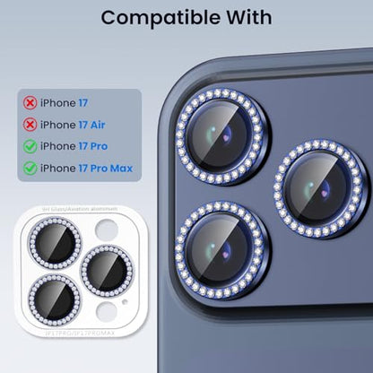 Compatible for iPhone 17 Pro / 17 Pro Max Camera Lens Protector, Explosion-Proof 9H Tempered Glass with Metal Diamond Ring, HD Anti-Scratch Lens Protection Decoration Accessories (Blue)