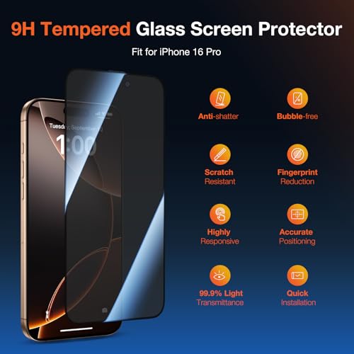 KUZOOM 2Pack Privacy 9H+ Tempered Glass Screen Protector for iPhone 16 Pro - color: Black 16 Pro