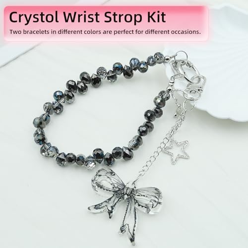 Crystal Beaded Phone Wrist Strap, Cute Cellphone Lanyard Chain, Bow Keychain Wristlet Bag Charms for Women - color: Bow/Black