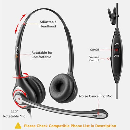 Wantek Phone Headset with Microphone Noise Cancelling,Telephone Headset 2.5mm Jack Compatible with Panasonic AT&T Uniden Cisco Linksys Grandstream Vtech Polycom Cordless Office Phones - color: Black