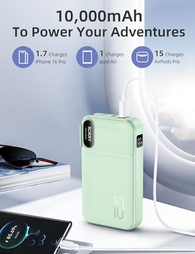 RORRY Portable Charger 3 in 1 with Wall Plug 10000mAh Power Bank for iPhone - color: Green
