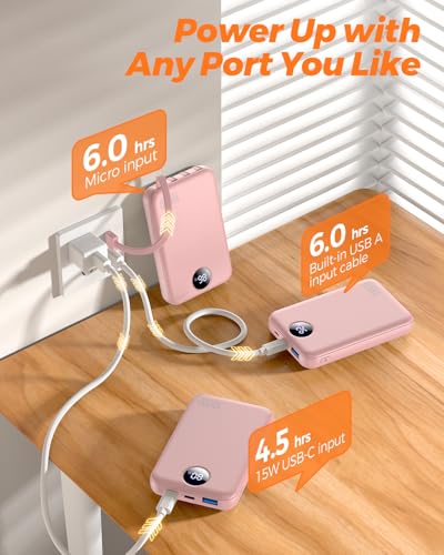 Portable Charger 10000mAh with 4 Built-in Cables 40% Smaller - color: Pink