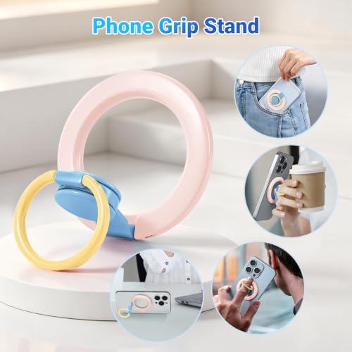 Magnetic Phone Ring Holder with Metal Ring Sticker, Long Grip as Hook, Cell Phone Grip for Hand Removable Finger Holder Compatible for MagSafe Sticker iPhone 17/16/15/14/13/12 Series, Pink - color: Pink with Blue Center