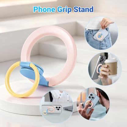 Magnetic Phone Ring Holder with Metal Ring Sticker, Long Grip as Hook, Cell Phone Grip for Hand Removable Finger Holder Compatible for MagSafe Sticker iPhone 17/16/15/14/13/12 Series, Pink - color: Pink with Blue Center
