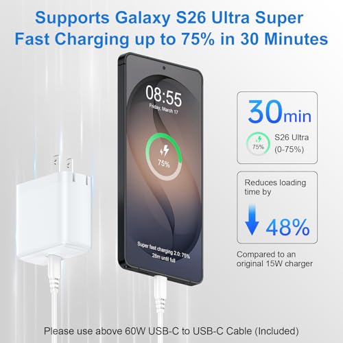 65W for Samsung Galaxy S26 Ultra Charger Super Fast Charger & Foldable Plug