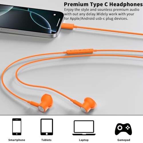 USB C Earbuds Wired Headphone for iPhone 18 Pro Max 17 16 15,Orange - color: Orange