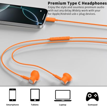 USB C Earbuds Wired Headphone for iPhone 18 Pro Max 17 16 15,Orange - color: Orange