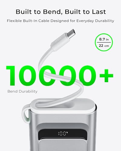Portable Charger 100W, 10000mAh Power Bank with Built-in USB-C Cable