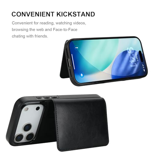 KIHUWEY Compatible with iPhone 17 Pro Max Wallet Case Credit Card Holder, Premium Leather Kickstand Flip Hidden Magnetic Clasp Durable Shockproof Protective Cover for 6.9 inch (Black) - color: Black