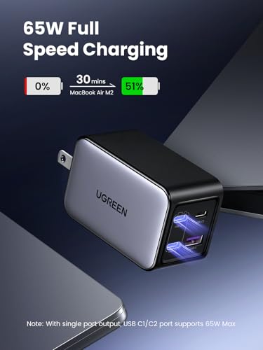 UGREEN Nexode 65W Wall Charger, 4-Port, GaN Fast Charging Block - size: 2.64*1.65*1.5 inches