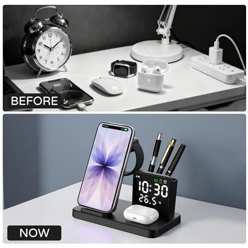 5 in 1 Wireless Charging Station with Alarm Clock Pen Holder, Fast Wireless Charger for iPhone 17/16/15/14/13/12/Pro/Max/Air, for iWatch & AirPods, Charger Stand with Temperature, Snooze Model White - color: WHITE