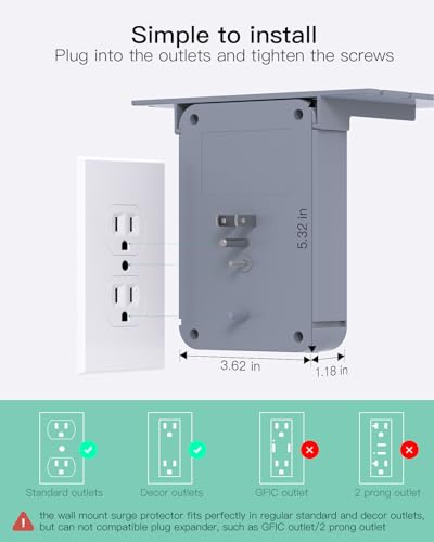 Wall Outlet Extender with Shelf, Surge Protector 6 AC Multi Plug Outlet - color: Grey, size: 3 USB
