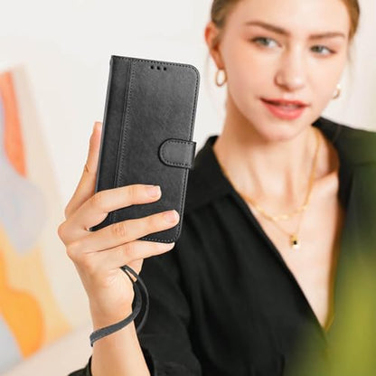 for Galaxy A17 5G Phone Case Wallet and Wrist Strap (Black) | Card Holder Slots, PU Leather, Flip Cover, Magnetic Closure, Kickstand, Folio Protective, for Samsung A17 Case - color: Black