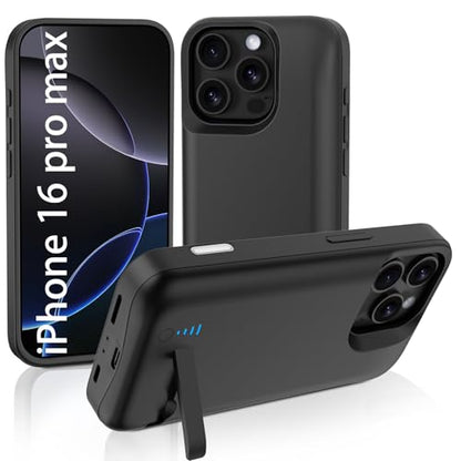 Battery Case for iPhone 16 Pro Max, 5000mAh Extended Charging Case with Kickstand for Apple 16 Pro Max, Phone Charger Cover for 16 Pro Max(6.9") Black