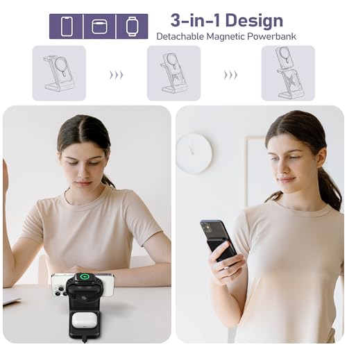 Smtcsl 3 in 1 Wireless Charging Station: 10000mAh Removable Power Bank Charger Stand for Phone/Watch/Air Pods - Portable Magnetic Battery Pack for Air 17 16 15 14 13 12 Series