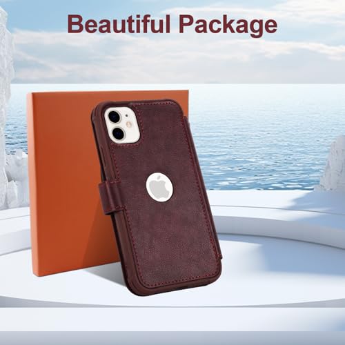 VANAVAGY Wallet Case for iPhone 11 6.1 inch, Burgundy | 12ft Drop-proof Cover for Women Men, Silm PU Leather, RFID Blocking Card Holder, Wrist Strap, Screen Protector - color: Burgundy
